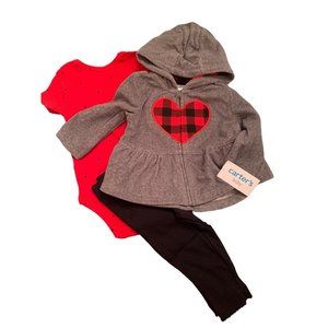 3 Months Carters Infant Girls 3 Piece Outfit Buffalo Plaid Heart New